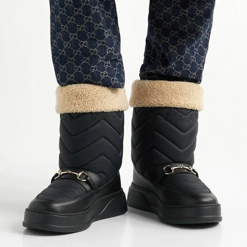 NEW GUCCI Quebec Shearling Horsebit Quilted Nylon and Leather Boots G 9 / US 9.5